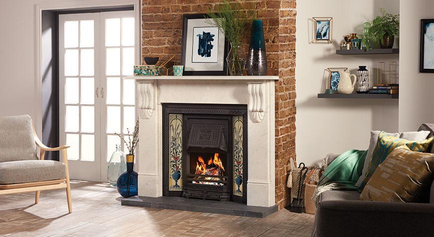 Victorian Tiled Convector In Matt Black With Poppy Wheatsheaf 5 Set White Marble Mantel Copy