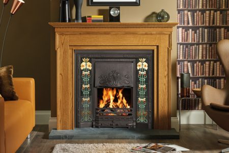 Art Nouveau Tiled Convector In Matt Black With 2 X Evening Primrose 5 Tile Sets Mi