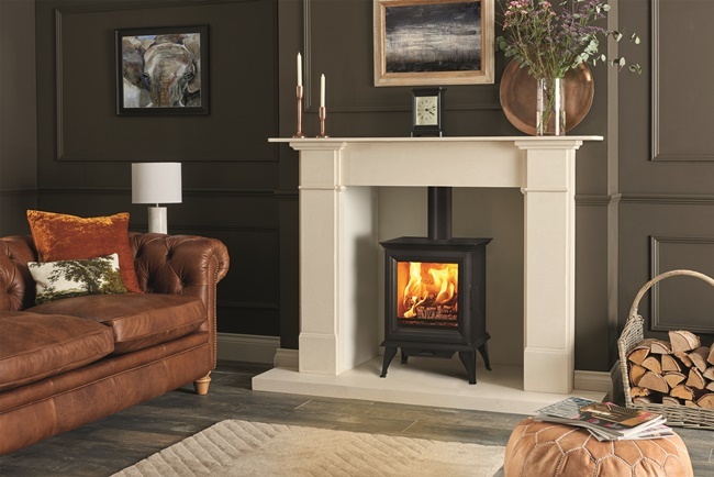 Sheraton 5 Woodburning With Optional Long Legs With Limestone Claremont Mantel 650Px Wide