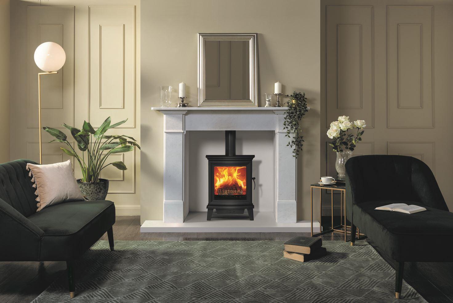 Chesterfield 5 Woodburning Ecodesign Stove Shown With Claremont Antique White Marble Mantel